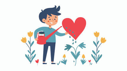 Character watering a red heart. Flat vector isolated