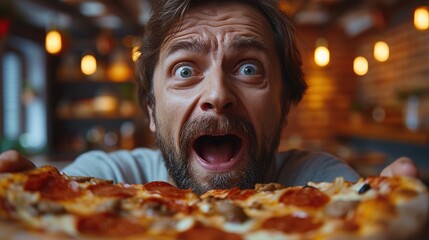 Surprised Man Holding Pizza - obrazy, fototapety, plakaty