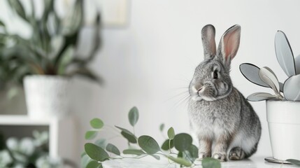 Portrait a funny cute gray bunny pets animal on a white background. AI generated image