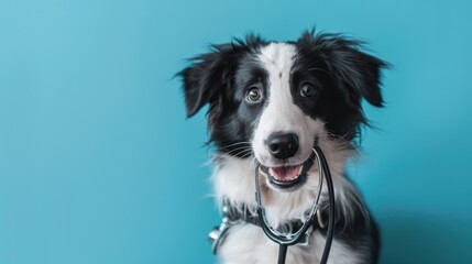 Purebred pet dog puppy holding stethoscope in mouth on blue background. AI generated image