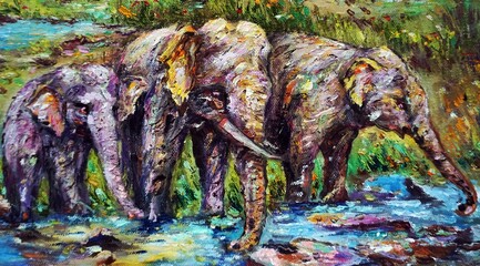 Art painting Oil color Elephant family thailand	