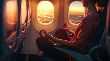 An image depicting the concept of flight anxiety, showcasing a nervous passenger on an airplane using relaxation techniques to overcome their fear of flying. - obrazy, fototapety, plakaty