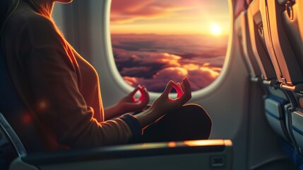 An image depicting the concept of flight anxiety, showcasing a nervous passenger on an airplane using relaxation techniques to overcome their fear of flying. - obrazy, fototapety, plakaty