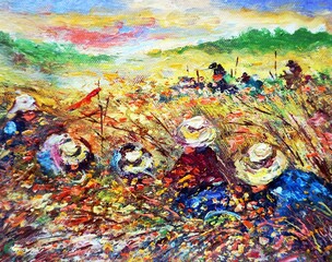 Art painting Oil color Harvest Rice Countryside in the provinces Thailand on canvas