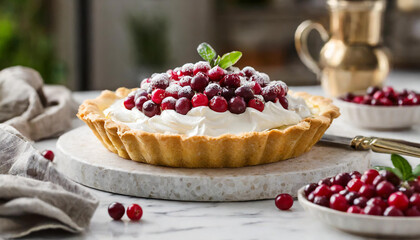 Pie with whipped cream and fresh cranberries on white table. Tasty dessert with berries. Sweet food.