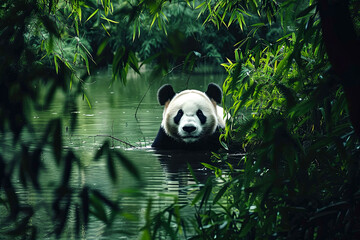 Panda bear is swimming in the water, surrounded by lush bamboo thickets