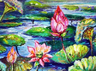 Original oil painting abstract color petal lotus flower	
