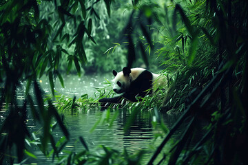 Panda bear seated in a body of water surrounded by bamboo thickets