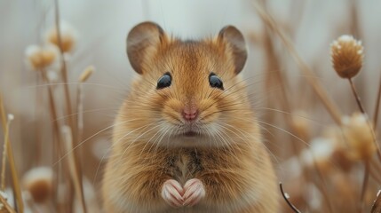 Hamster on a background of dry grass in the winter. Close-up.