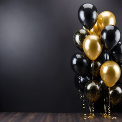 Black and gold balloons on dark background with copy space for your text.