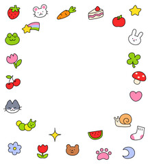 colored set of vector sticker simple decorative elements. background for kisd. Various icons such as hearts, stars, animals, fruits, cat, speech bubbles, arrows, lines isolated on white background.
