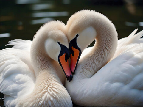 Two swans in love hugging on a blurred lake background