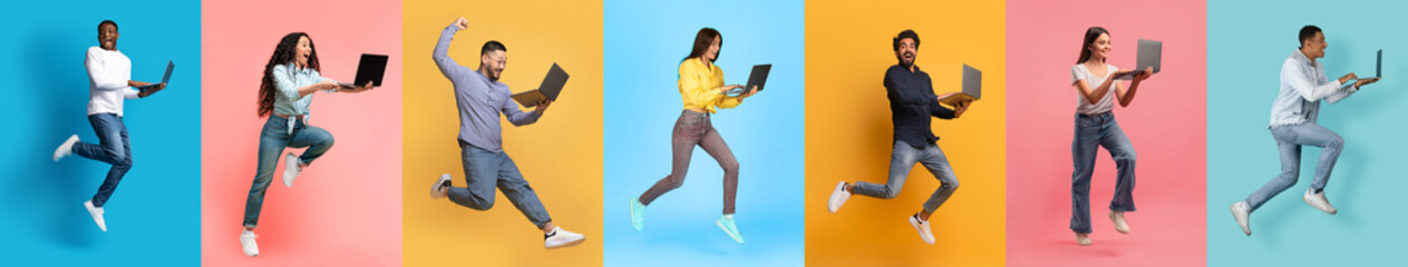 Energetic Group of People Jumping With Laptops Against Colorful Backgrounds