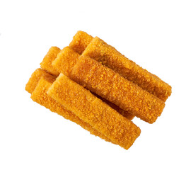 Crispy golden fried fish fingers sticks isolated on white background. Top view.