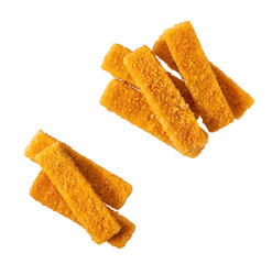 Deep fried fish fingers snacks fastfood isolated . Fish finger or stick isolated . Top view.