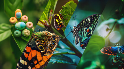 A Detailed Artistic Illustration of Butterfly Life Cycle: From Egg, Larva, Pupa to Adult Butterfly