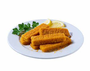 Fish fingers in a plate isolated on white background. Crispy breaded deep fried fish fingers with breadcrumbs on a plate isolated .