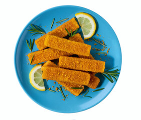 Crispy golden fried fish fingers sticks on a blue plate isolated on white background. Top iew.