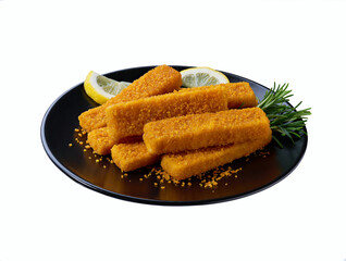 Fish fingers in a black plate isolated on white background.