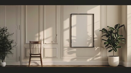 frame on the wall mockup blanko room with chair and window light