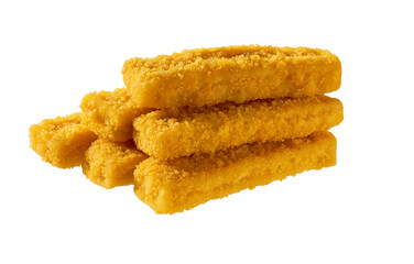 Crumbed golden fried fish fingers in sticks isolated on white background.