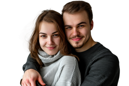 Portrait of happy couple hugging and holding together with smiling isolated on transparent png background, loving moment, romantic scene.