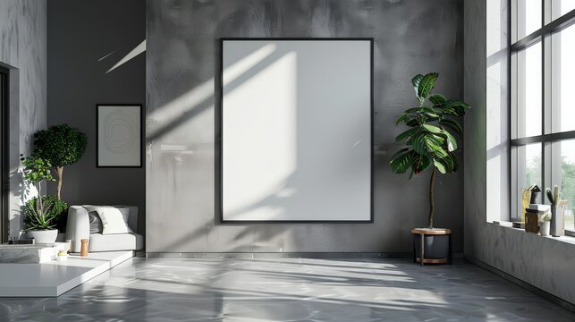 modern living room with mockup frame on light, 3d render concrete