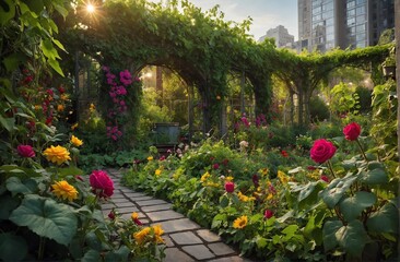 Fototapeta na wymiar Sunlit Path Through Blooming Garden Park
