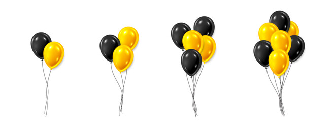 Round shaped balloons set. Yellow and black glossy balloon with ribbons. Festive 3d element for Birthday, anniversary, sale offer. Isolated balloons on white background. Vector illustration