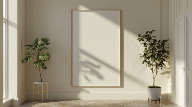 interior of a white frame and green flowers 