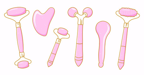 Collection of beauty instruments for skincare routines and facial massage. Rose quartz stones. A roller, gua sha tools, small massaging devices, a spoon shaped massager. Modern hand drawn vector.