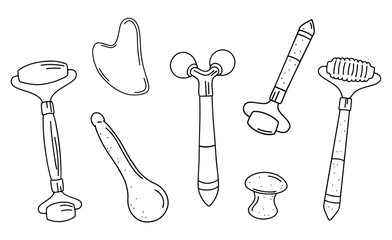 Massage and facial tools for skincare. A roller, gua sha, massaging devices, a spoon-shaped massager. Improving circulation, relieving tension, and aiding in skincare routines. Outline hand drawn set.