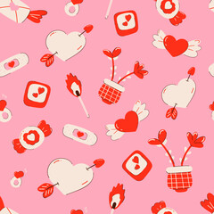Hand drawn cute romantuc elements to Valentine's Day. Modern seamless pattern with pink background. Candy, vase with flower, match, heart with arrow and wings, wedding ring, photo, love patch.