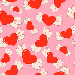 A collection of hearts of various sizes. Soft pink hue background. Hand drawn heart doodles with wings. Seamless pattern.Cute flying symbol Cupid.Love concept and St. Valentine's Day.