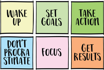 wake up, set goals, take action, focus, do not procrastinate, get results - a set of motivational reminder notes, productivity, business or personal development concept - 786557941