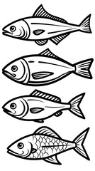 Cartoon Illustration Clipart Set Four Isolated White Fish Profile, Transparent Background