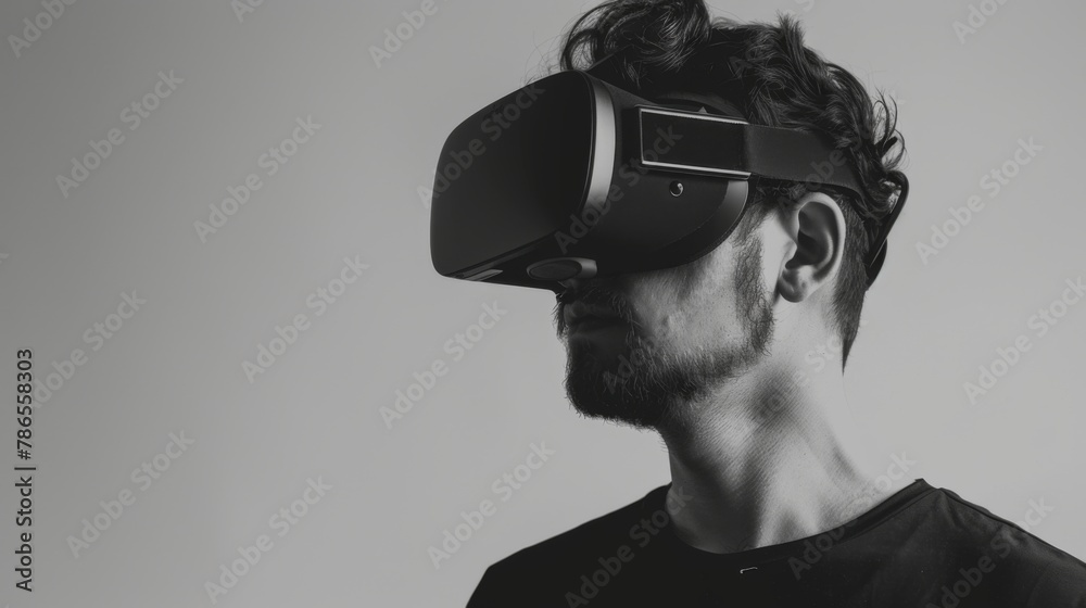 Poster Man Experiencing Virtual Reality in Monochrome Setting