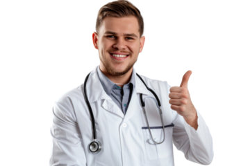 Studio Portrait of smiling Doctor with uniform outfits or laboratory white coat isolated on transparent png background.