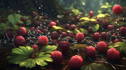 Create an artificial intelligence (AI)-rendered picture of a tangled web of wild dewberries in a forest clearing, complete with trailing vines and clusters of dark, luscious fruits. - obrazy, fototapety, plakaty