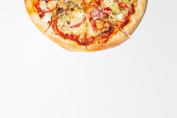 Pizza with cheese isolated on white background. Pizza margarita top view. Pizza slice top view isolated on white background, with onions, bacon and cherry tomatoes, thin pastry crust, closeup