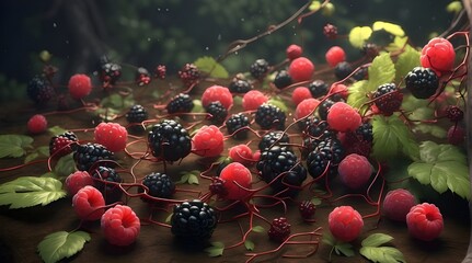 Create an artificial intelligence (AI)-rendered picture of a tangled web of wild dewberries in a forest clearing, complete with trailing vines and clusters of dark, luscious fruits. - obrazy, fototapety, plakaty