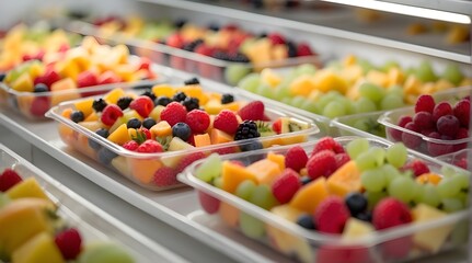 Fruit salads already packaged and sold in plastic boxes in a commercial refrigerator Duplicate the image of space Location for text or design additions
