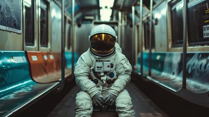 Astronaut sits in the train and waits, 
 - obrazy, fototapety, plakaty