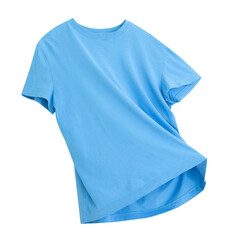 Blue flying t-shirt isolated on white. Single object.