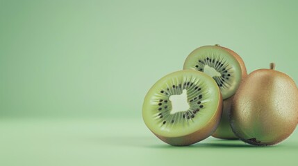 Kiwifruit A photorealistic illustration against pastel pastel green background with copy space for...