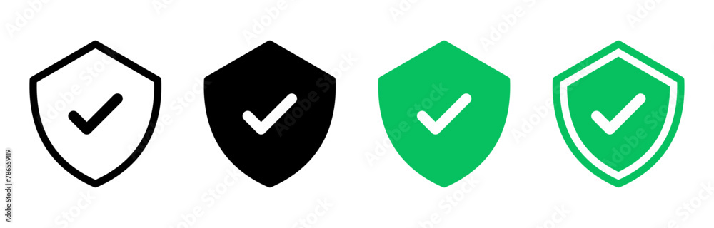 Poster shield check mark icon or security shield protection icon with tick symbol