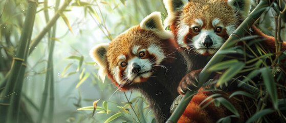 Naklejka premium A pair of red pandas exploring treetops in a bamboo forest, wildlife illustration