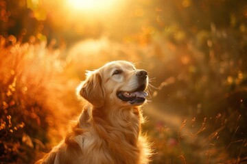 Golden Retriever sitting outside in the sunlight.