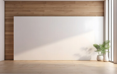 empty room with a wooden floor and a blank white mockup on the wall