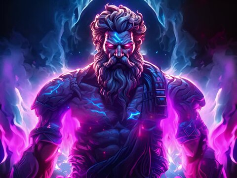 Zeus, the king of gods, sits on his throne in Mount Olympus. He is surrounded by lightning bolts and has an angry expression on his face.